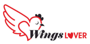 A red and black logo of a chicken with wings